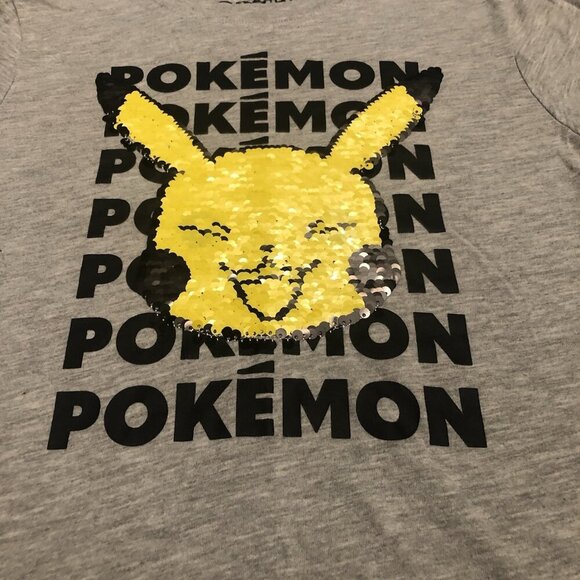Pikachu Pokemon Flip Sequins Youth Size M Unisex Short Sleeve Heather Gray - Picture 3 of 11